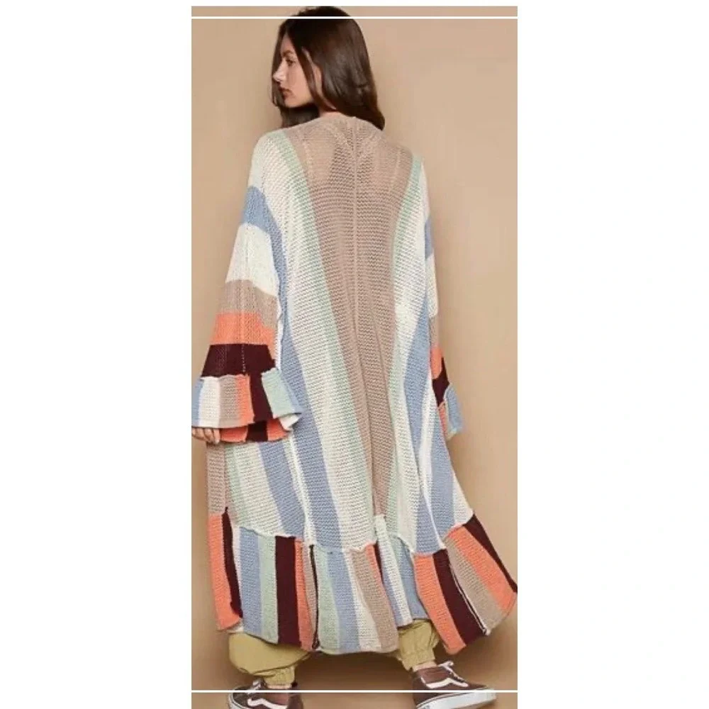 POL Striped Kimono Cardigan Boho Ruffle Hem Long Sleeve Pink Tan Burgundy - Picture 1 of 6